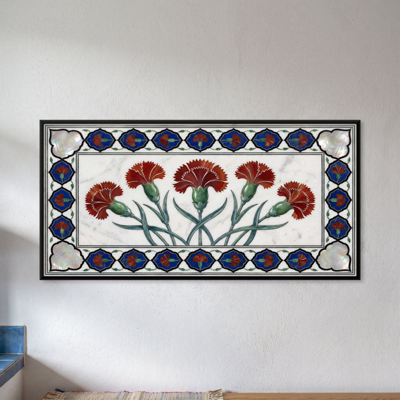 Carnations in Marble Inlay - framed canvas art hung on a wall