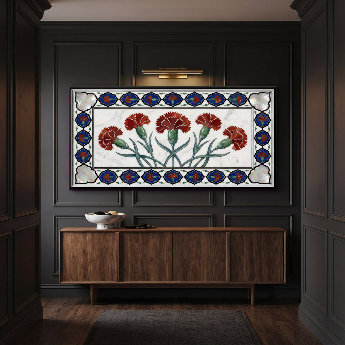 Carnations in Marble Inlay - canvas art shown in a second room setting