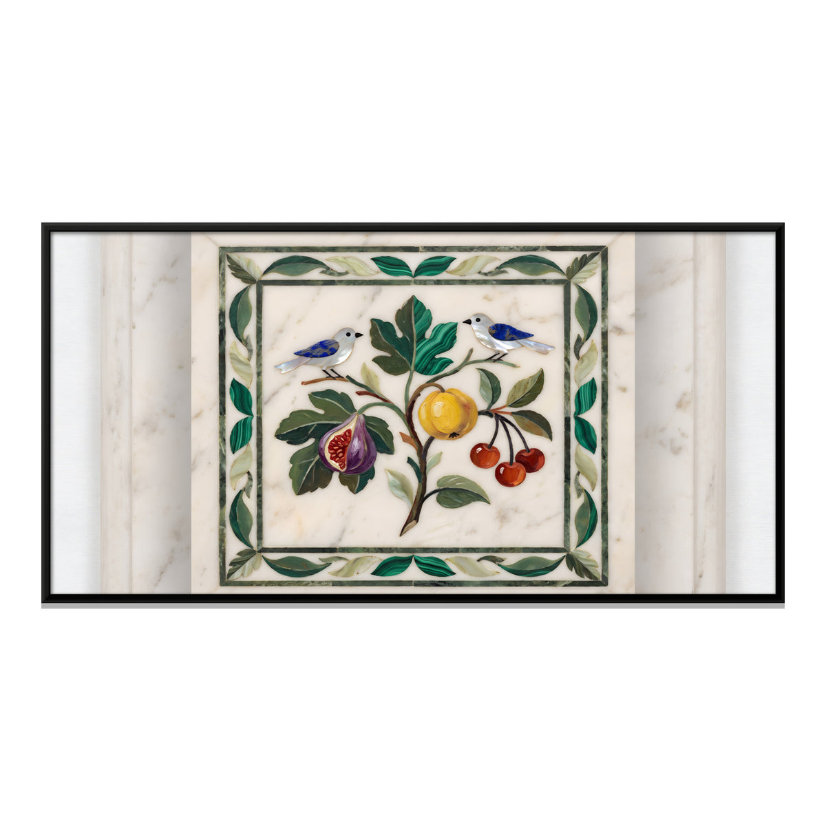 Birds and Fruit in Marble Inlay - framed canvas print, front view