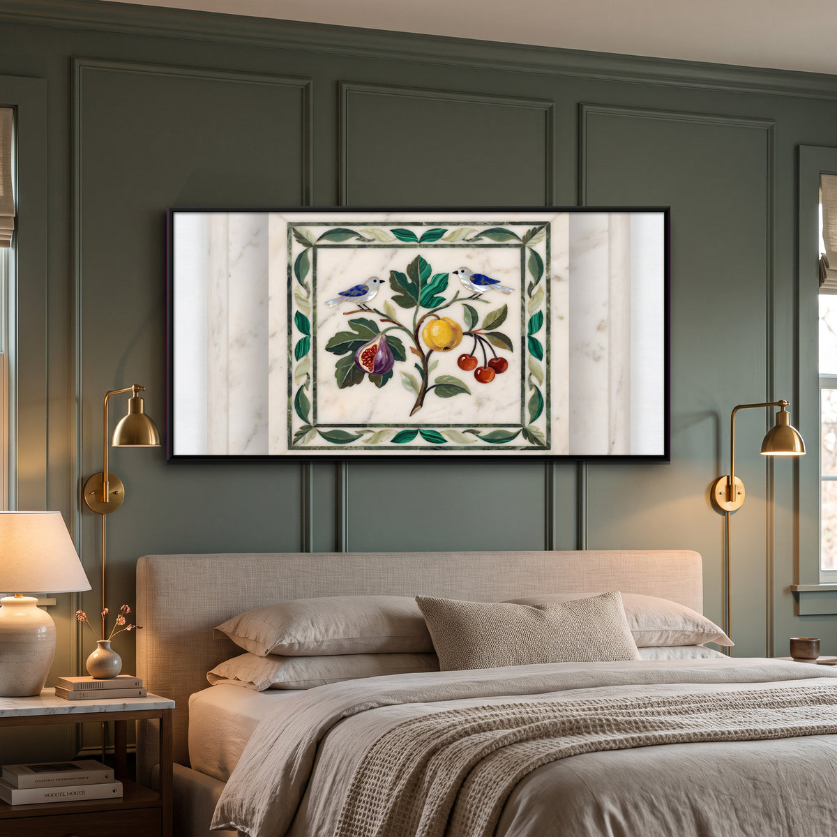 Birds and Fruit in Marble Inlay - canvas art shown in a styled room
