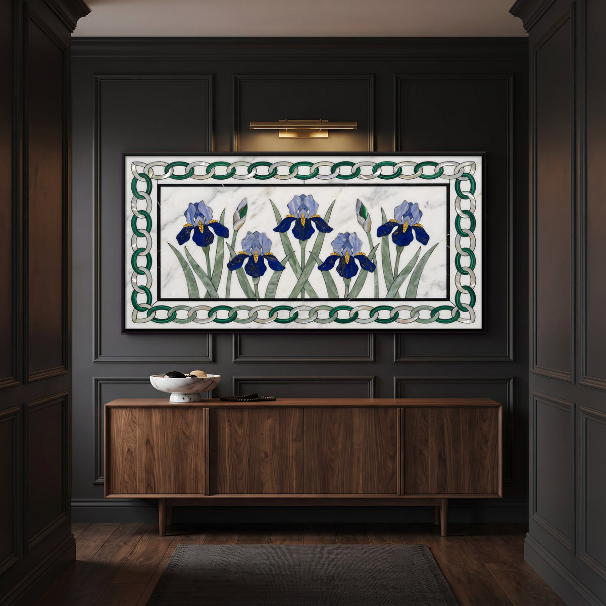 Irises in Marble Inlay - canvas art shown in a styled room