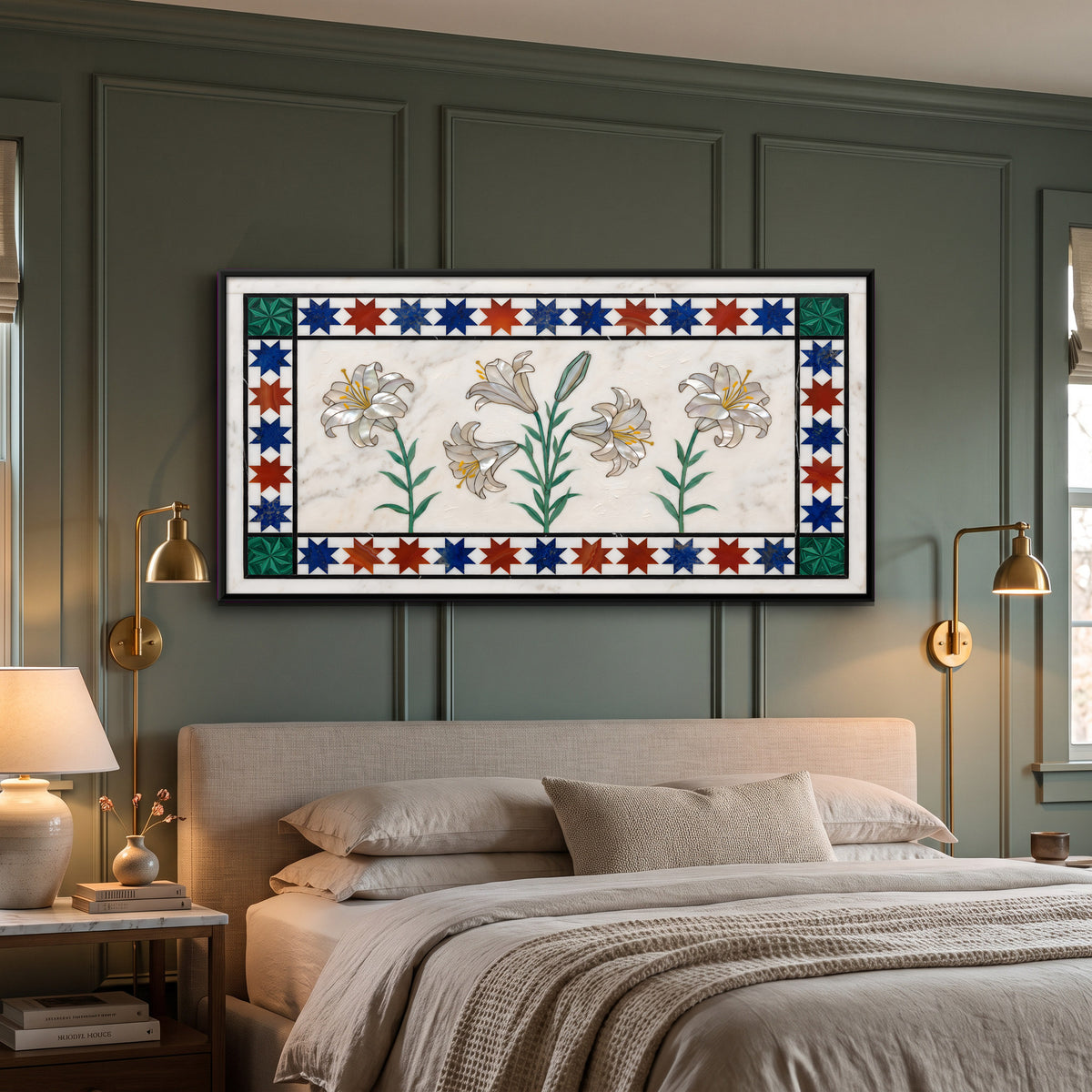 Lilies in Marble Inlay - canvas art shown in a styled room