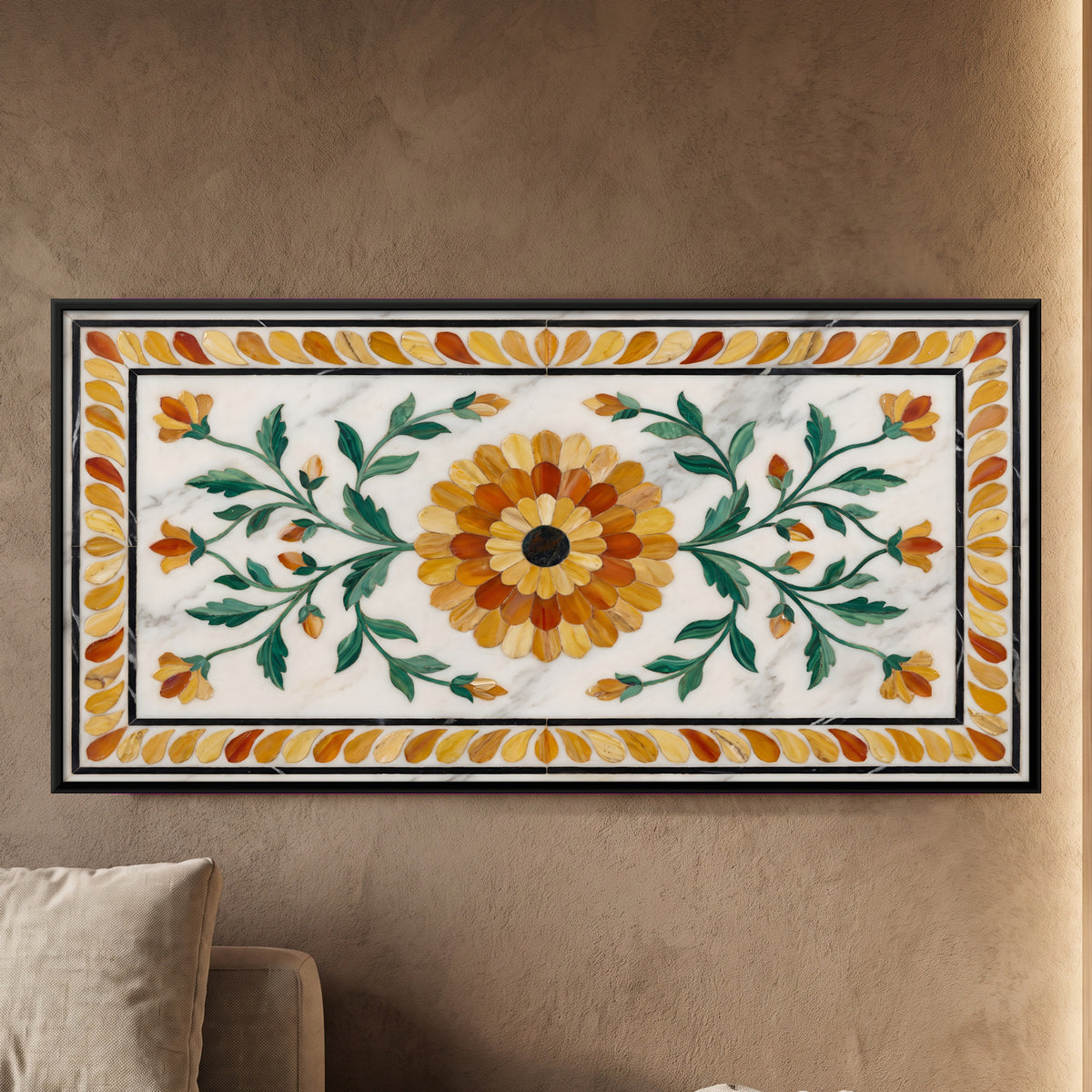 Marigold in Marble Inlay - framed canvas art hung on a wall