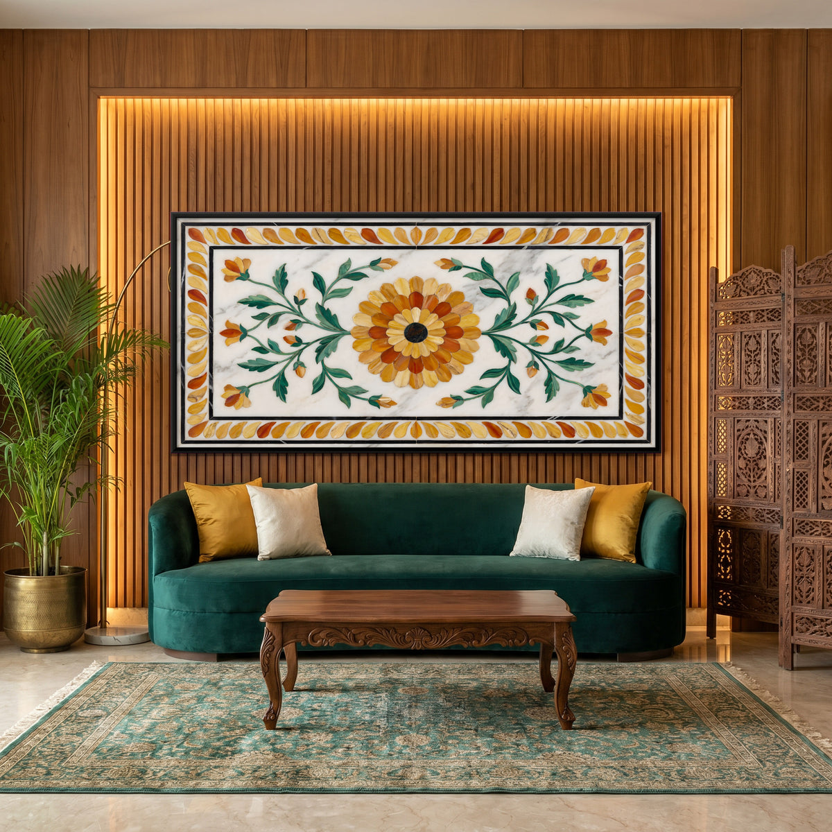 Marigold in Marble Inlay - canvas art shown in a styled room