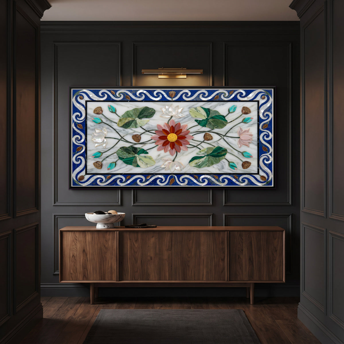 Lotus Pond in Marble Inlay - canvas art shown in a second room setting