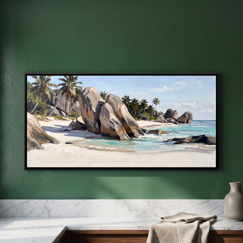 Granite Boulders on a Tropical Beach - framed canvas art hung on a wall