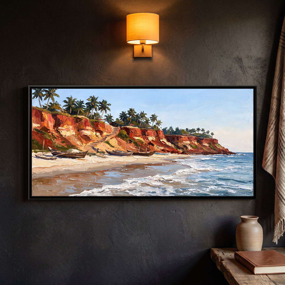 Red Cliffs Above a Sandy Beach - framed canvas art hung on a wall