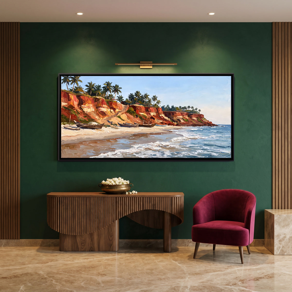 Red Cliffs Above a Sandy Beach - canvas art shown in a styled room