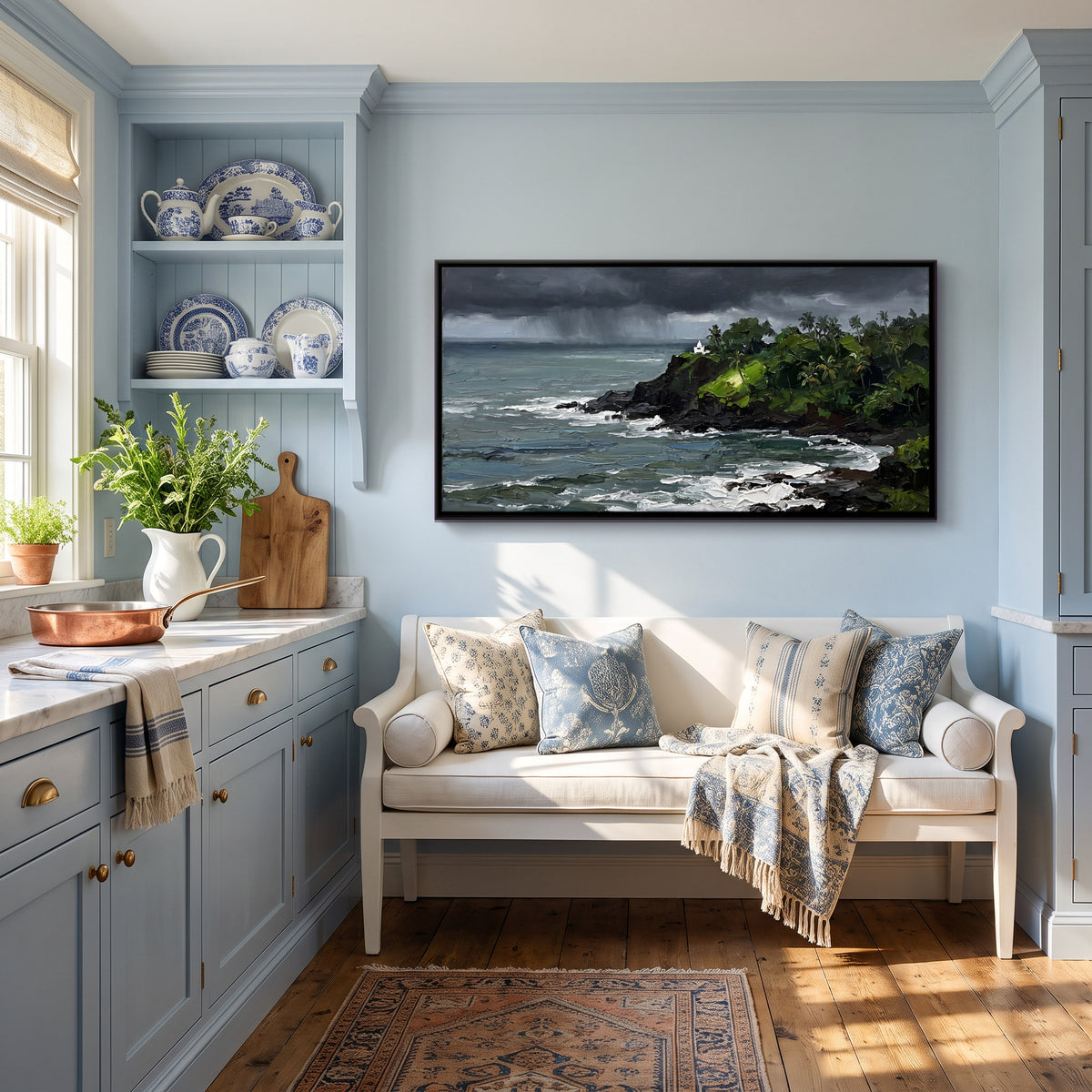 Storm over a Wooded Headland - canvas art shown in a styled room