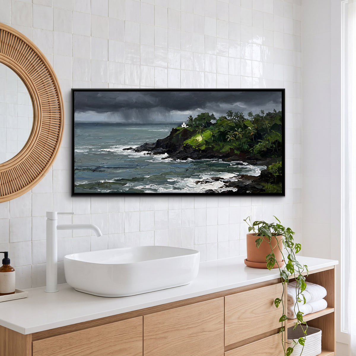 Storm over a Wooded Headland - canvas art shown in a second room setting