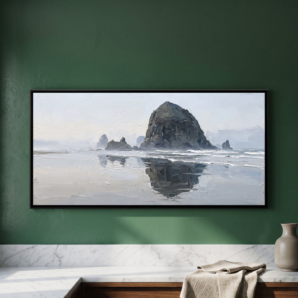 Haystack Rock in Sea Mist - framed canvas art hung on a wall