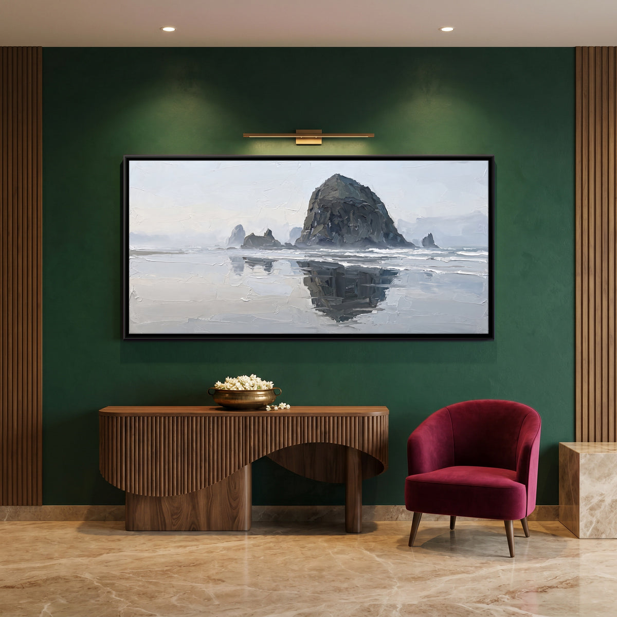 Haystack Rock in Sea Mist - canvas art shown in a styled room