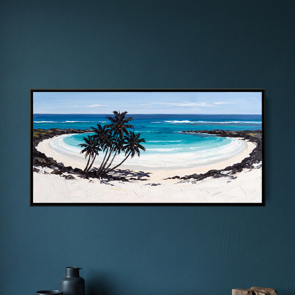 Palms on a Turquoise Cove - framed canvas art hung on a wall