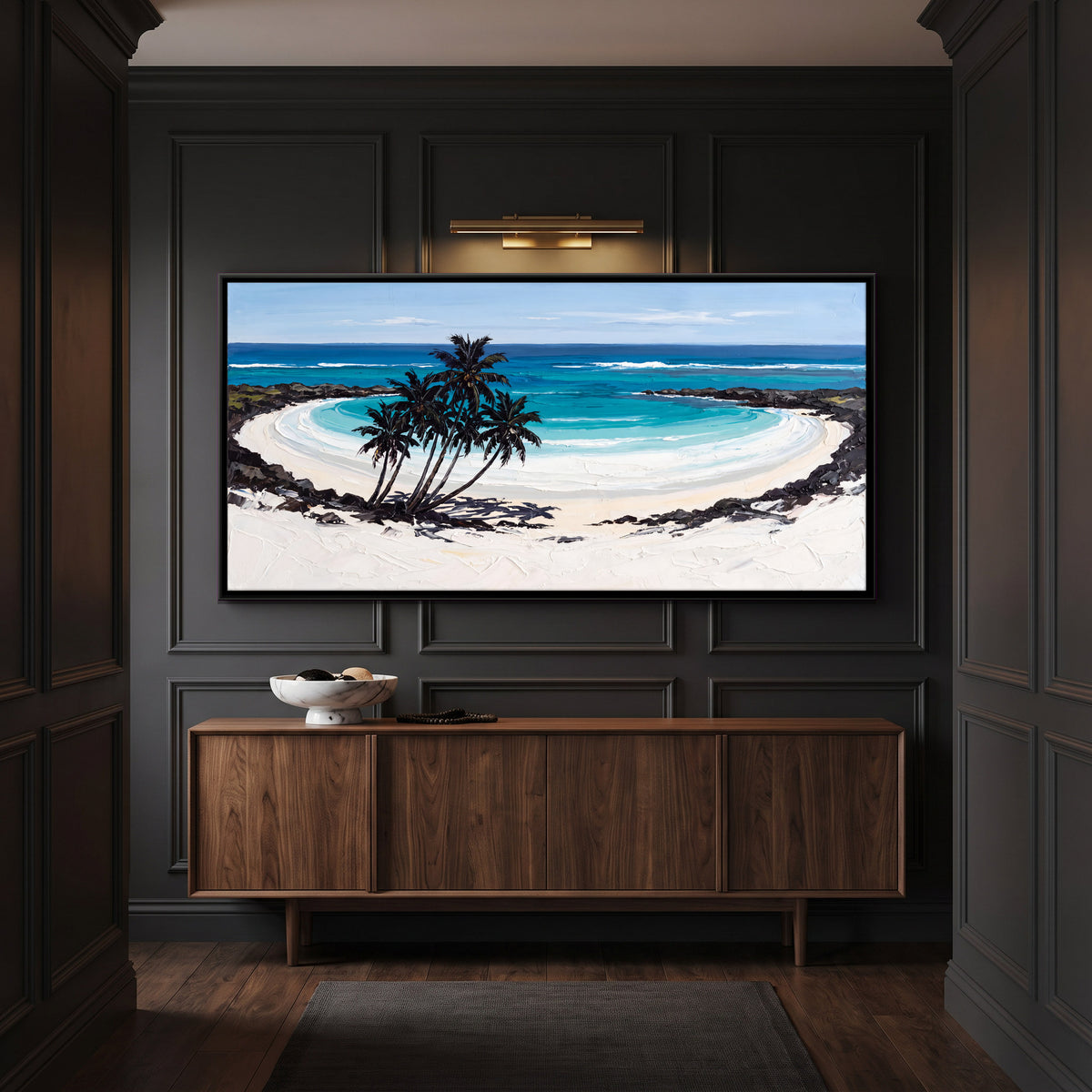 Palms on a Turquoise Cove - canvas art shown in a second room setting