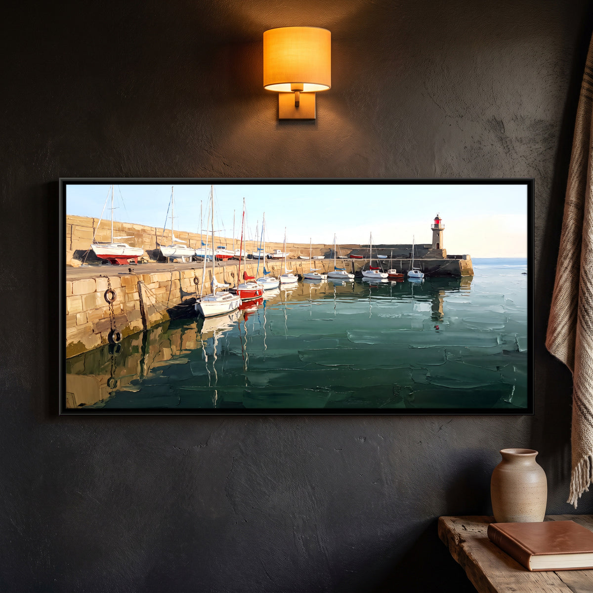 Moored Boats at a Harbour Wall - framed canvas art hung on a wall