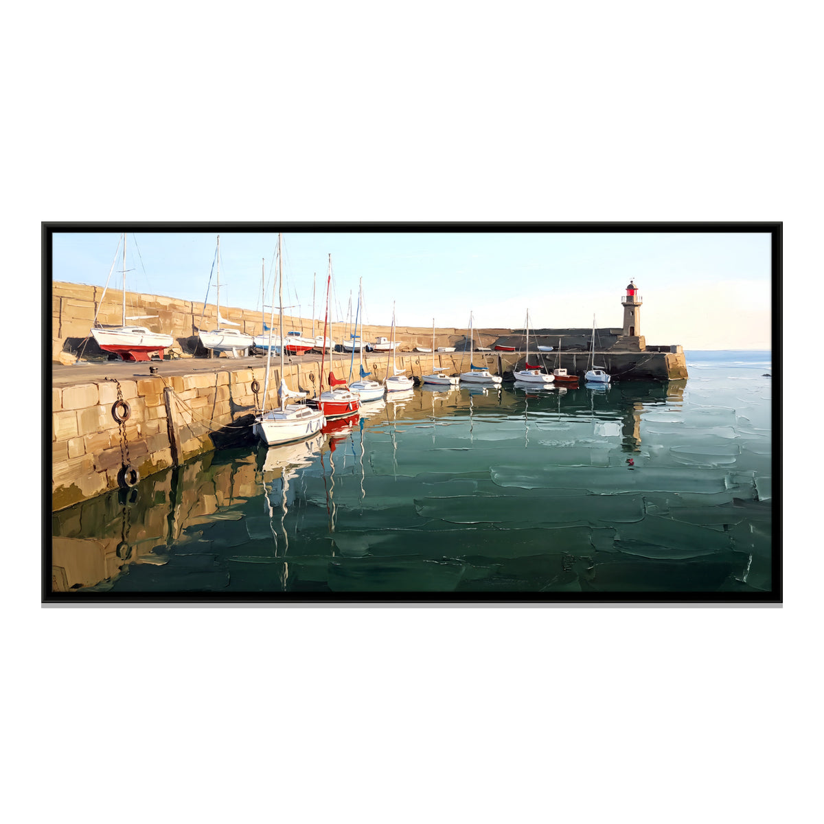 Moored Boats at a Harbour Wall - framed canvas print, front view
