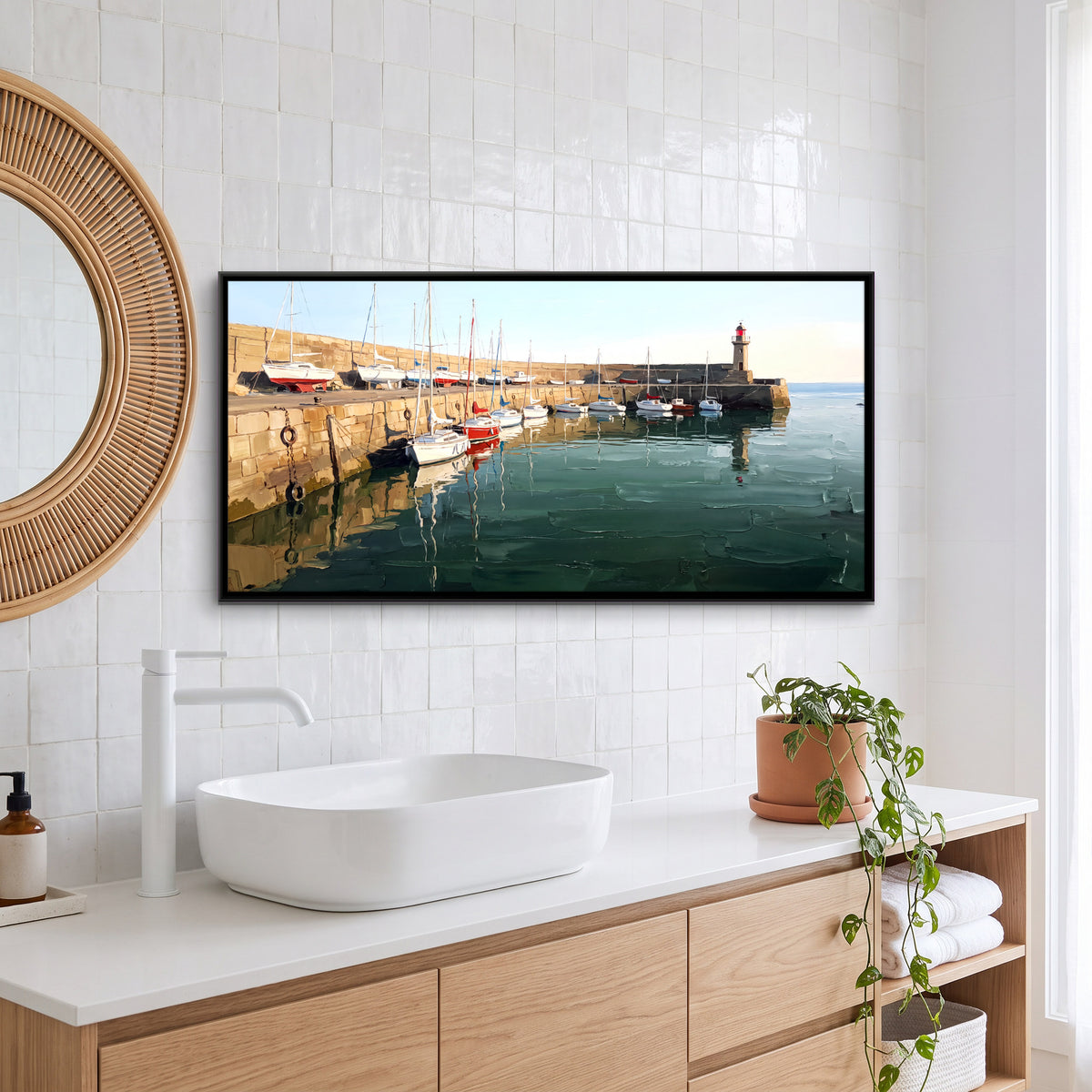 Moored Boats at a Harbour Wall - canvas art shown in a styled room