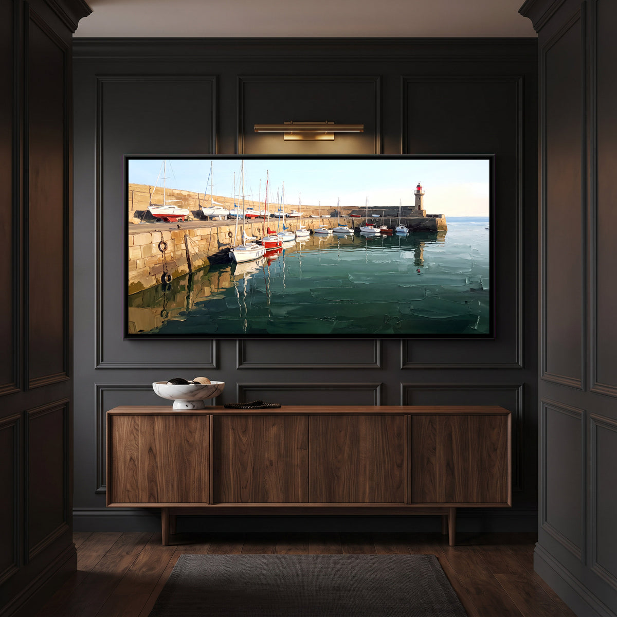 Moored Boats at a Harbour Wall - canvas art shown in a second room setting