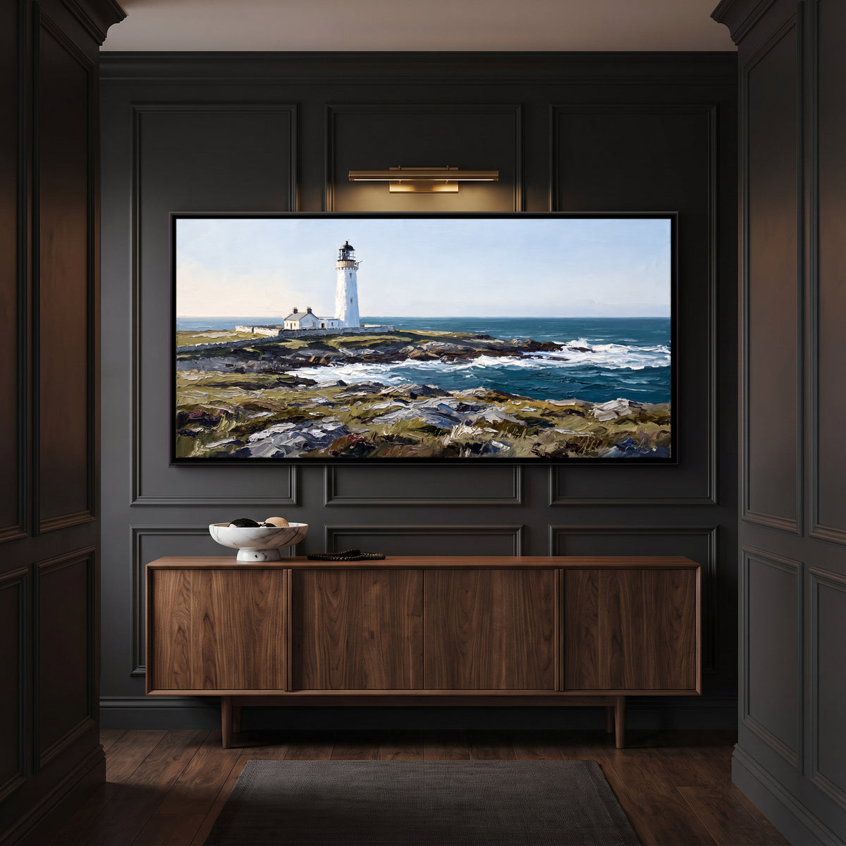 Lighthouse and Keeper's Cottage - canvas art shown in a second room setting