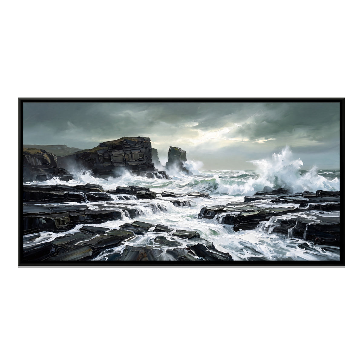 Storm Waves on a Rocky Coast - framed canvas print, front view