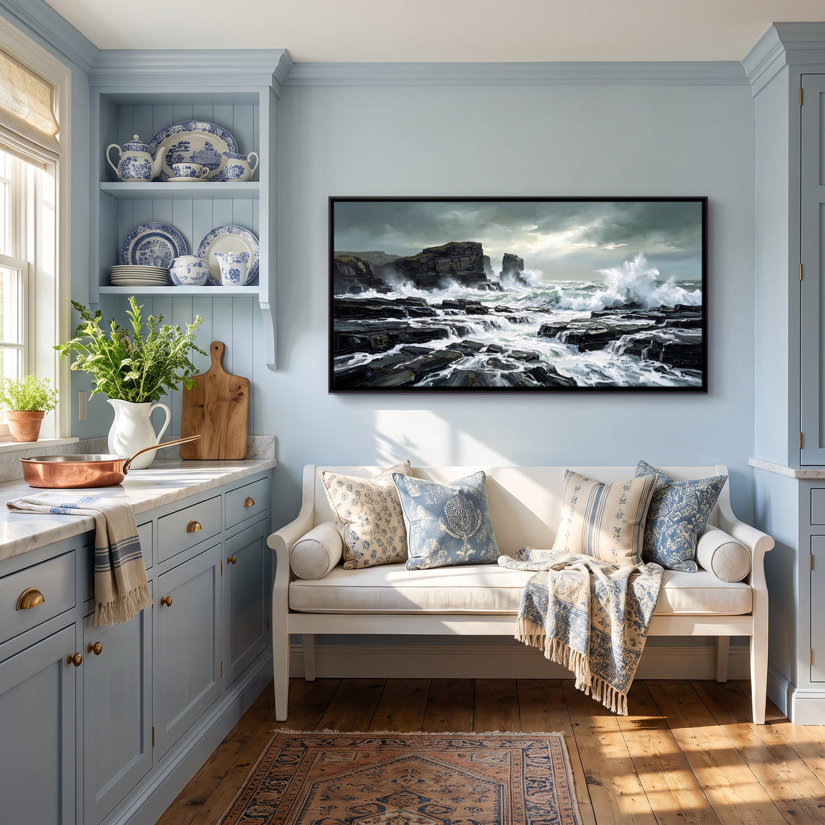 Storm Waves on a Rocky Coast - canvas art shown in a styled room