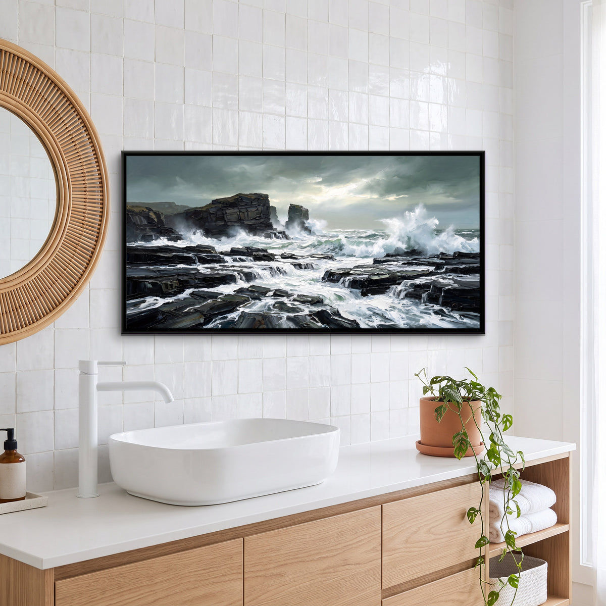 Storm Waves on a Rocky Coast - canvas art shown in a second room setting