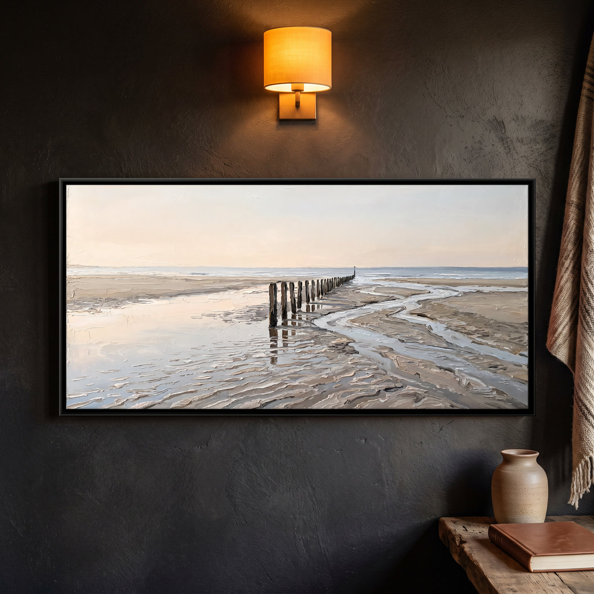 Wooden Posts at Low Tide - framed canvas art hung on a wall