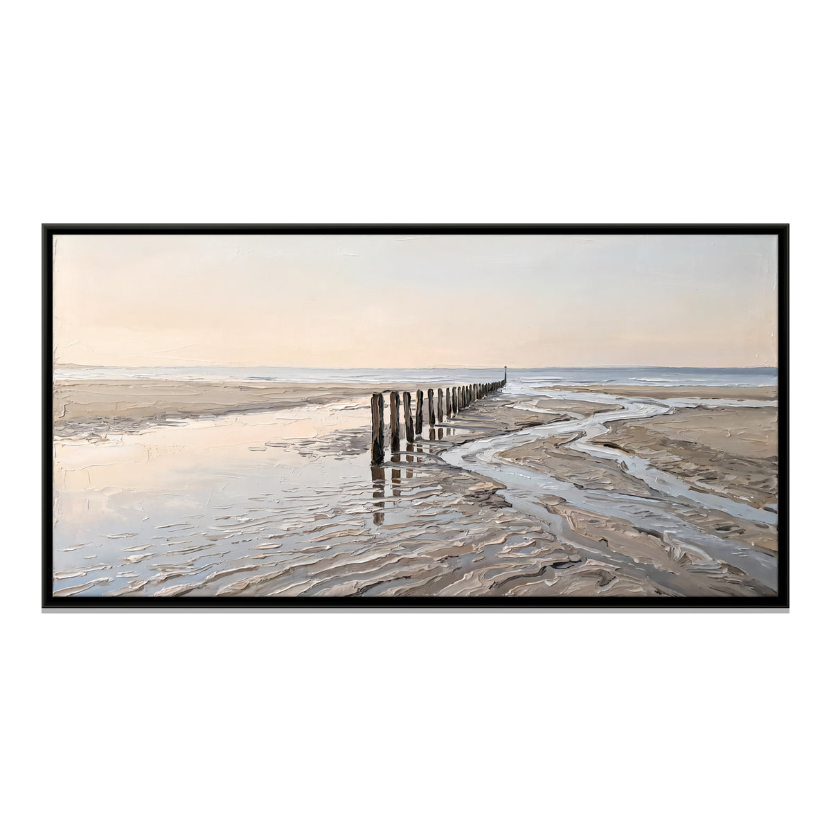 Wooden Posts at Low Tide - framed canvas print, front view