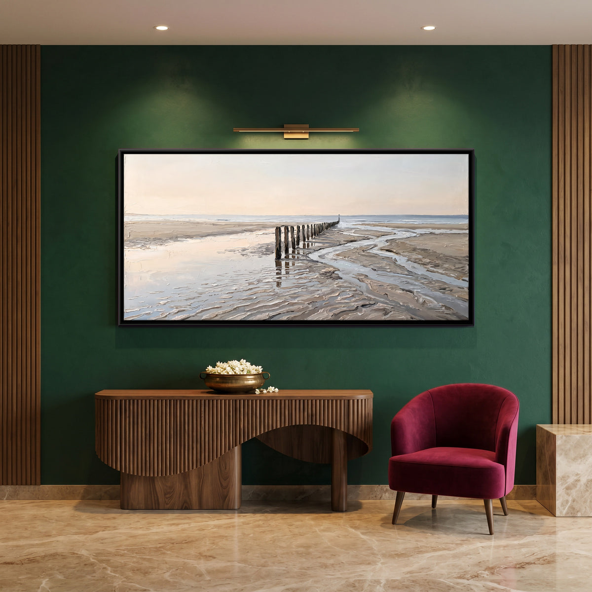 Wooden Posts at Low Tide - canvas art shown in a styled room