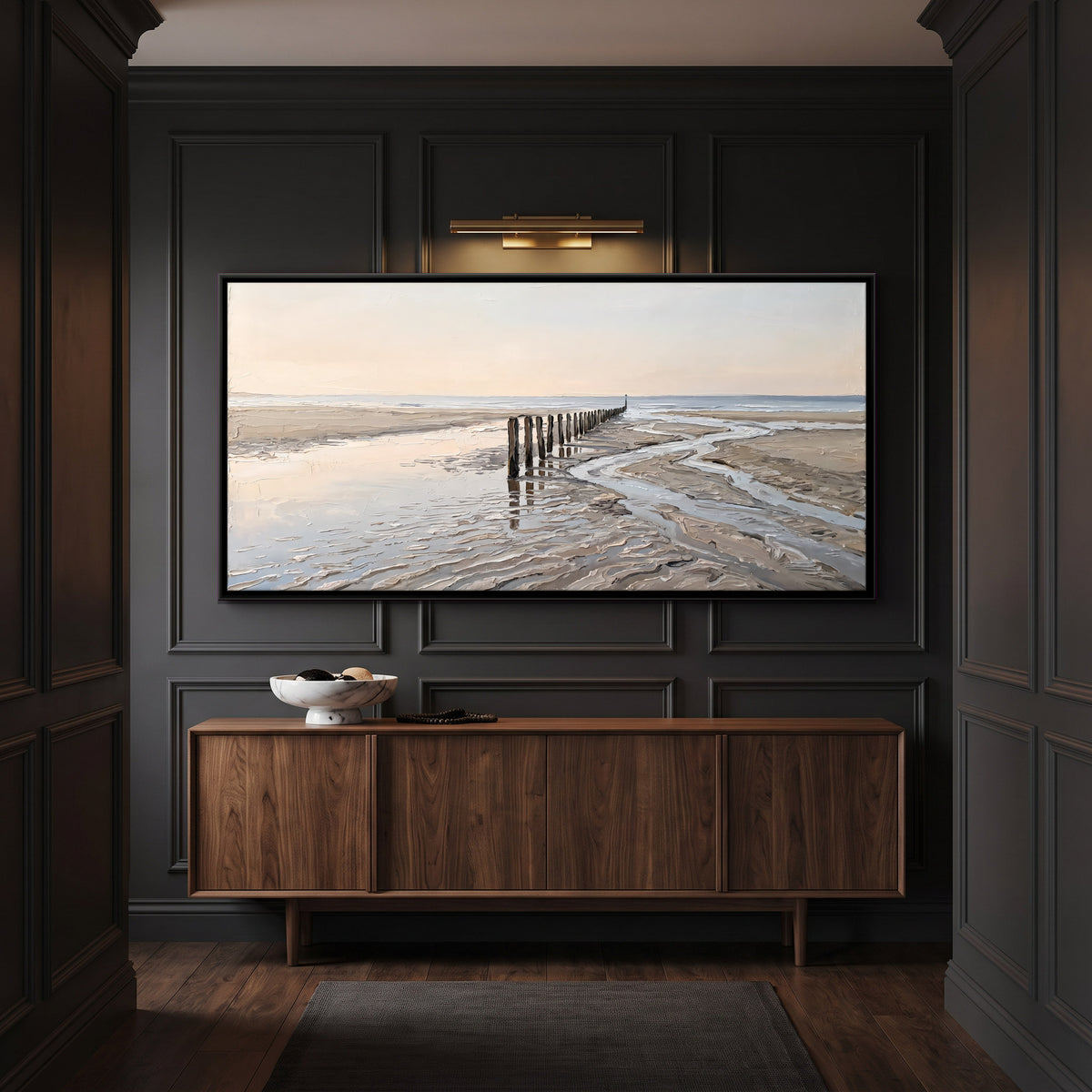 Wooden Posts at Low Tide - canvas art shown in a second room setting