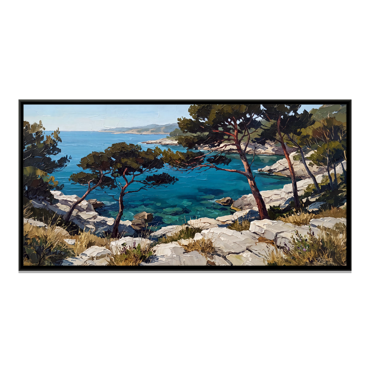 Pines above a Turquoise Cove - framed canvas print, front view