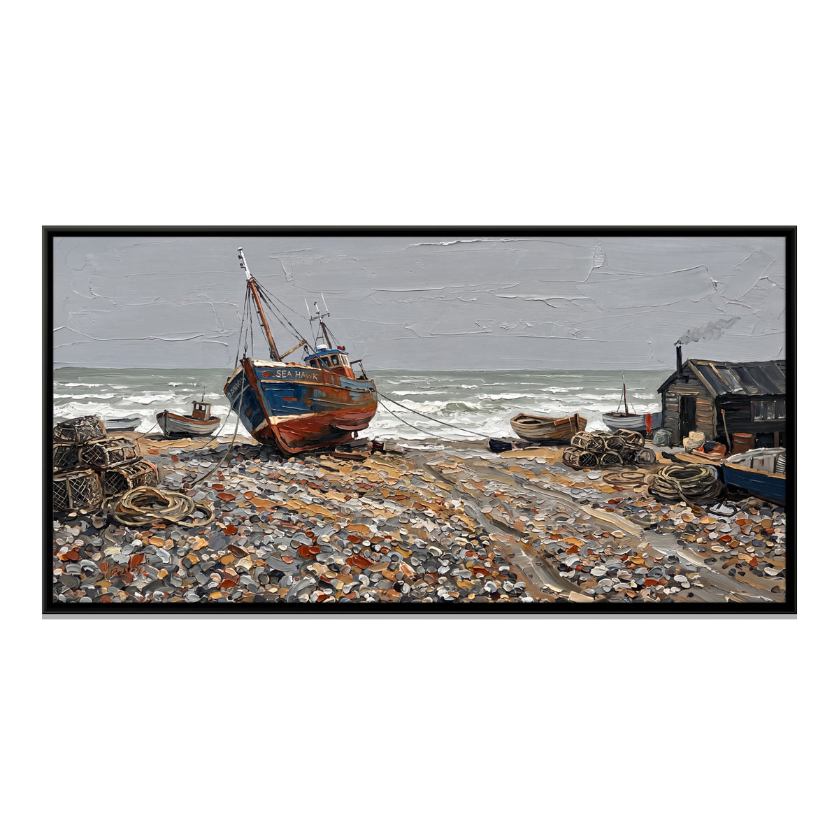 Fishing Boat on a Shingle Beach - framed canvas print, front view