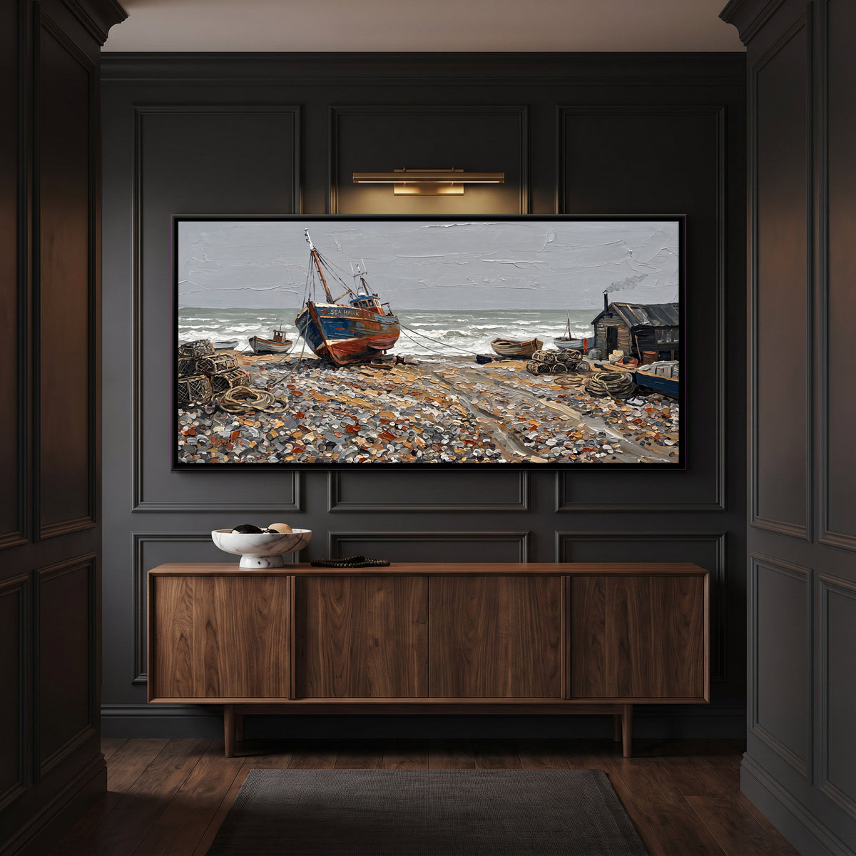 Fishing Boat on a Shingle Beach - canvas art shown in a styled room