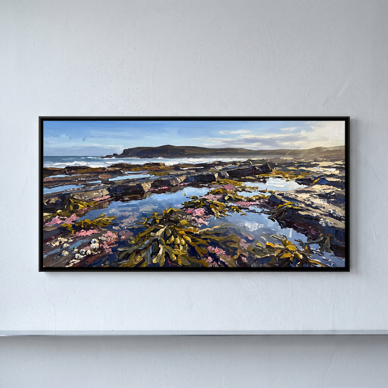 Tidal Rock Pools and Kelp - framed canvas art hung on a wall