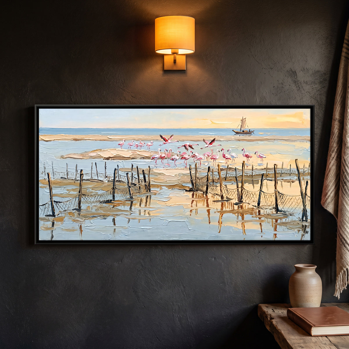 Flamingos in a Shallow Lagoon - framed canvas art hung on a wall