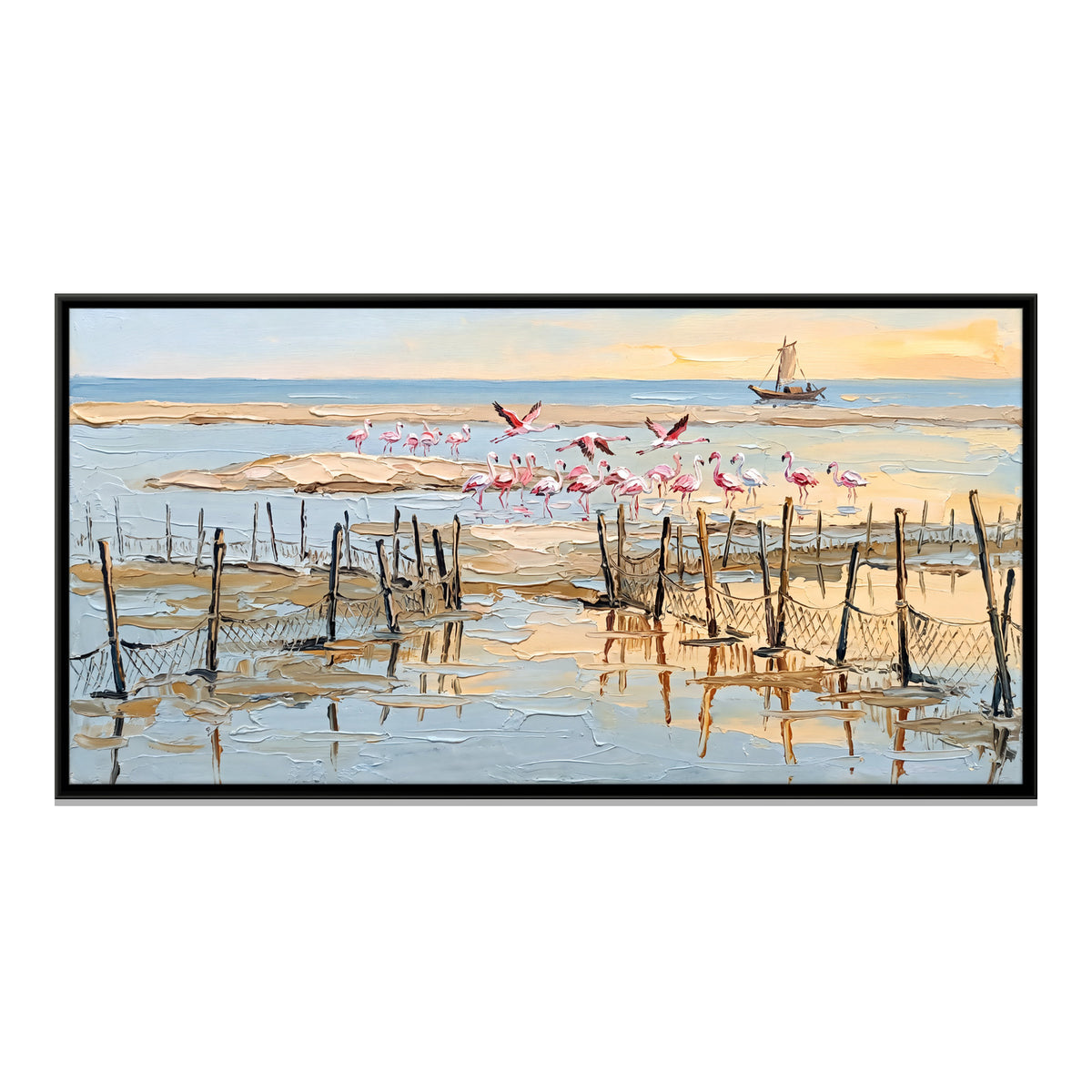 Flamingos in a Shallow Lagoon - framed canvas print, front view