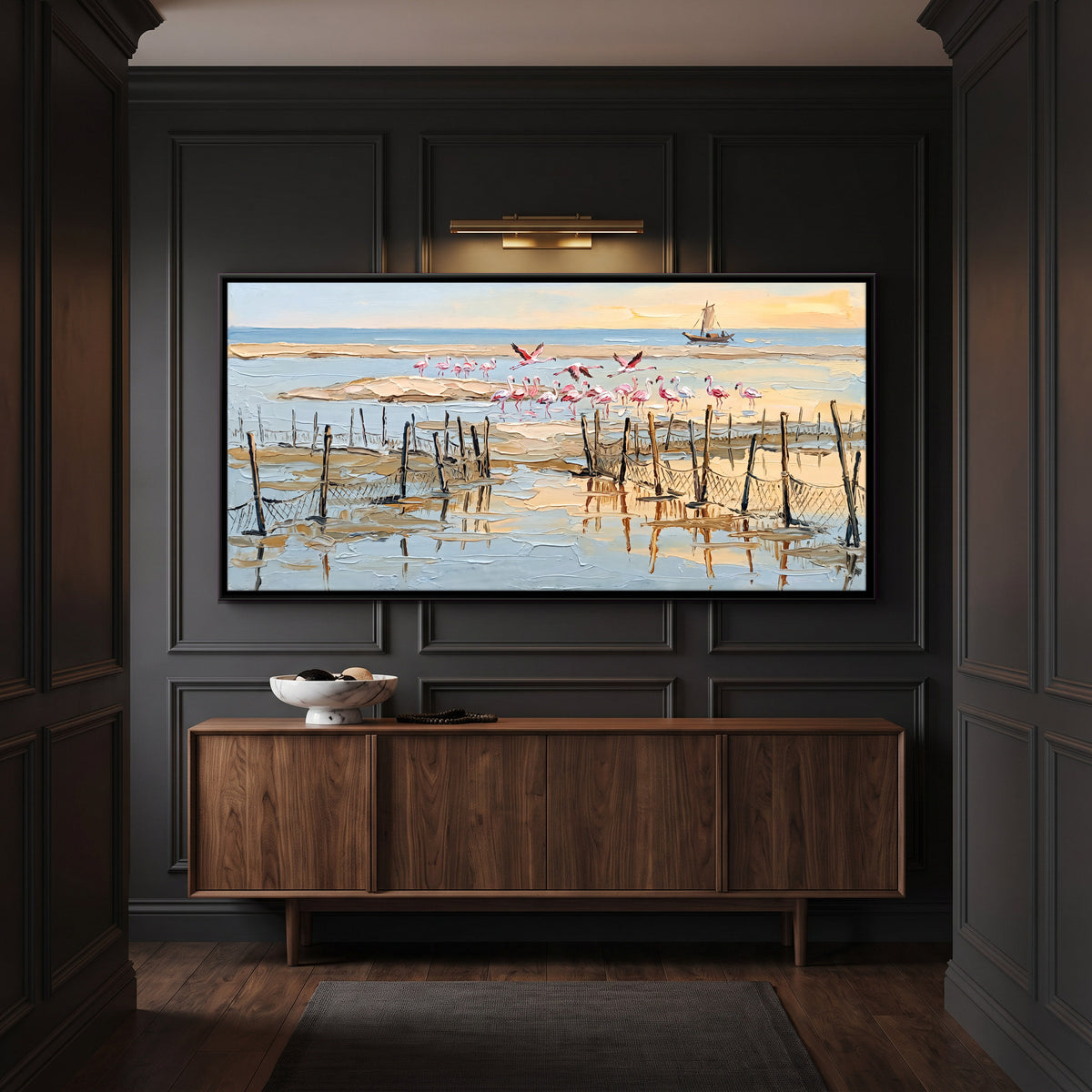 Flamingos in a Shallow Lagoon - canvas art shown in a second room setting