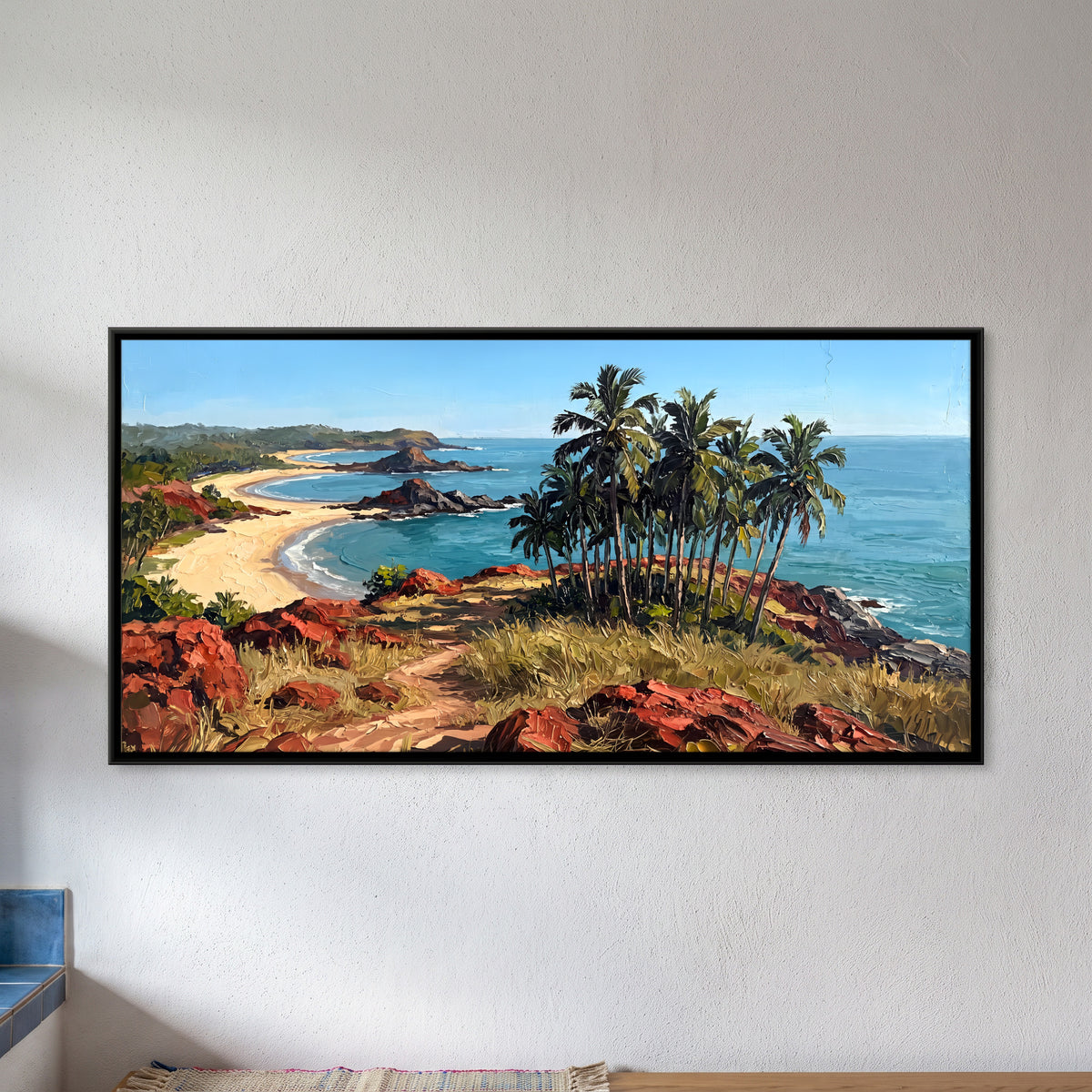 Coconut Palms above a Crescent Beach - framed canvas art hung on a wall