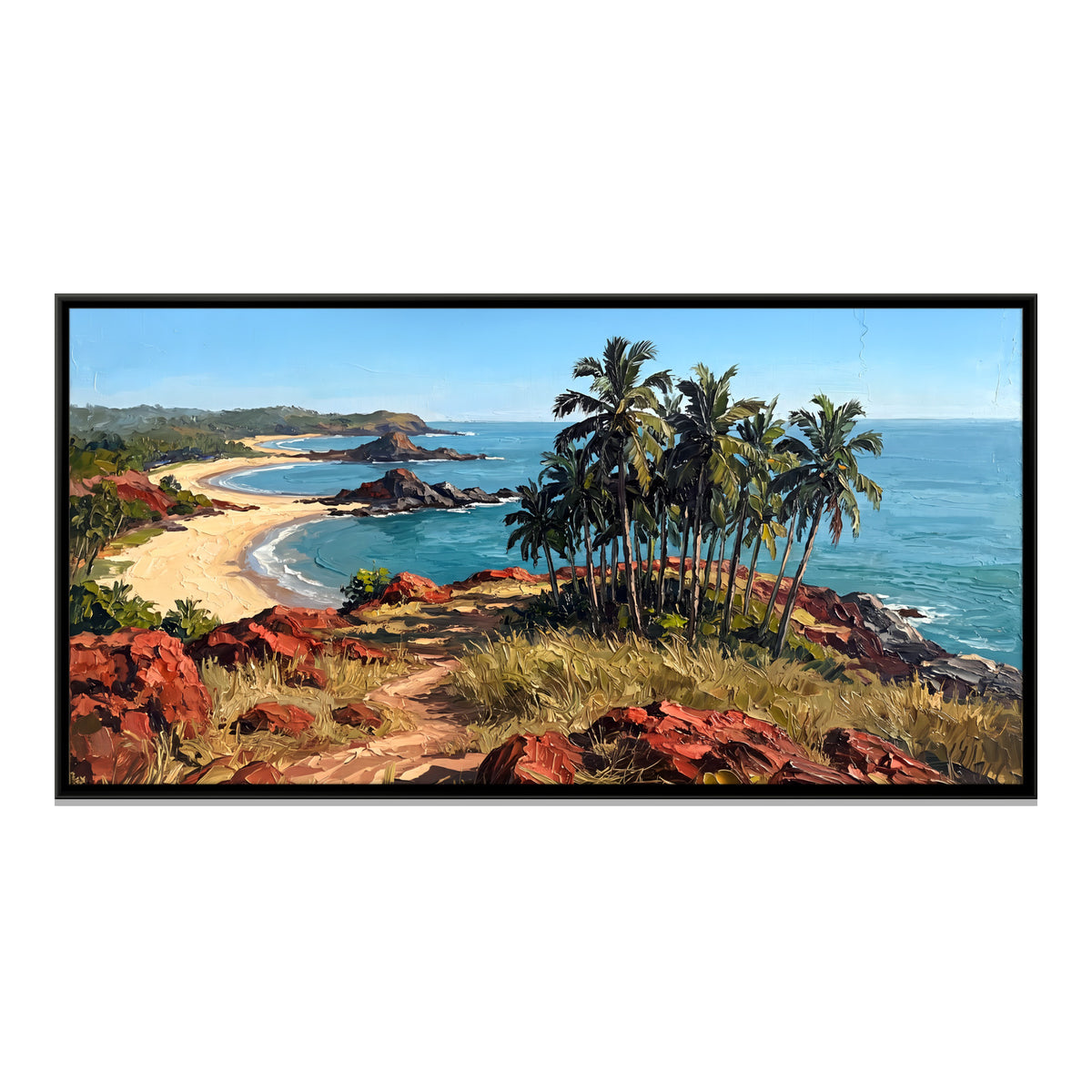 Coconut Palms above a Crescent Beach - framed canvas print, front view