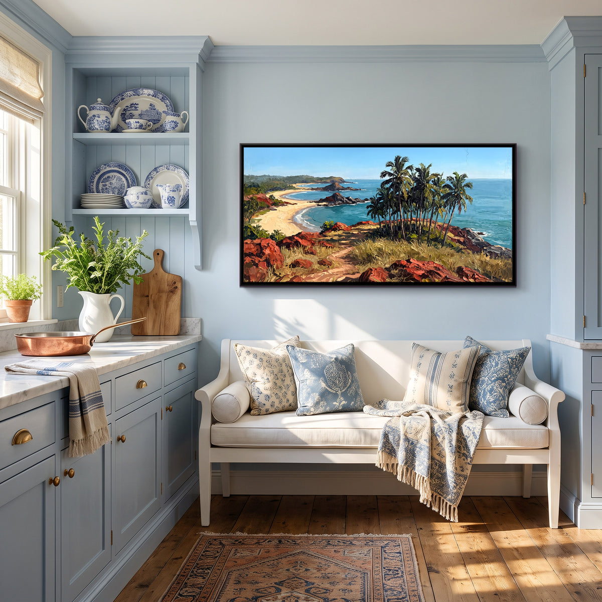 Coconut Palms above a Crescent Beach - canvas art shown in a styled room