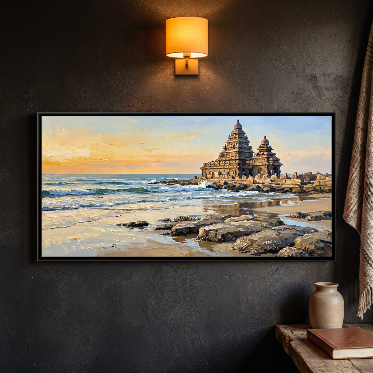 Shore Temple at Mahabalipuram - framed canvas art hung on a wall