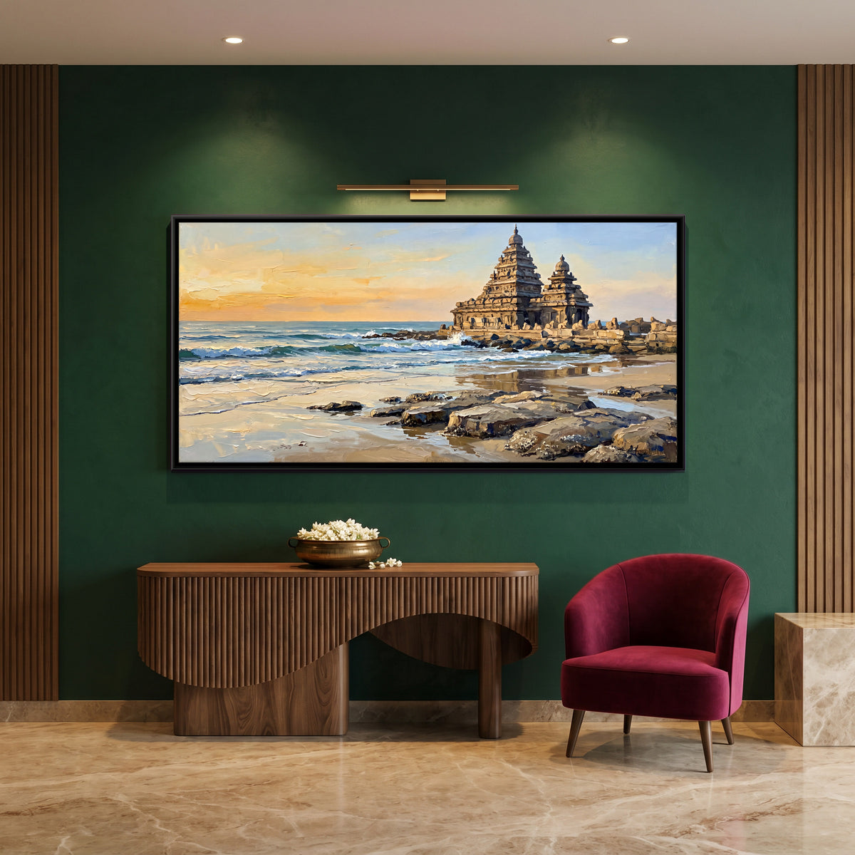 Shore Temple at Mahabalipuram - canvas art shown in a second room setting