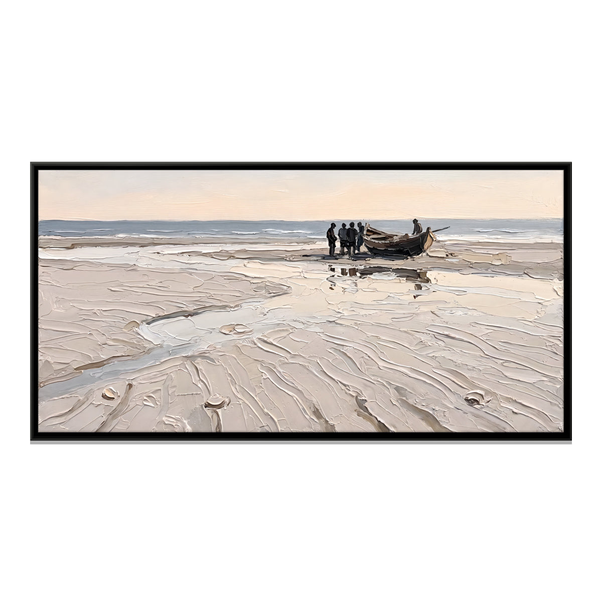 Fishermen and Boat at Low Tide - framed canvas print, front view