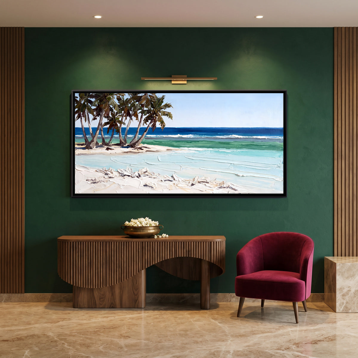 Leaning Palms on a White Sand Beach - canvas art shown in a styled room