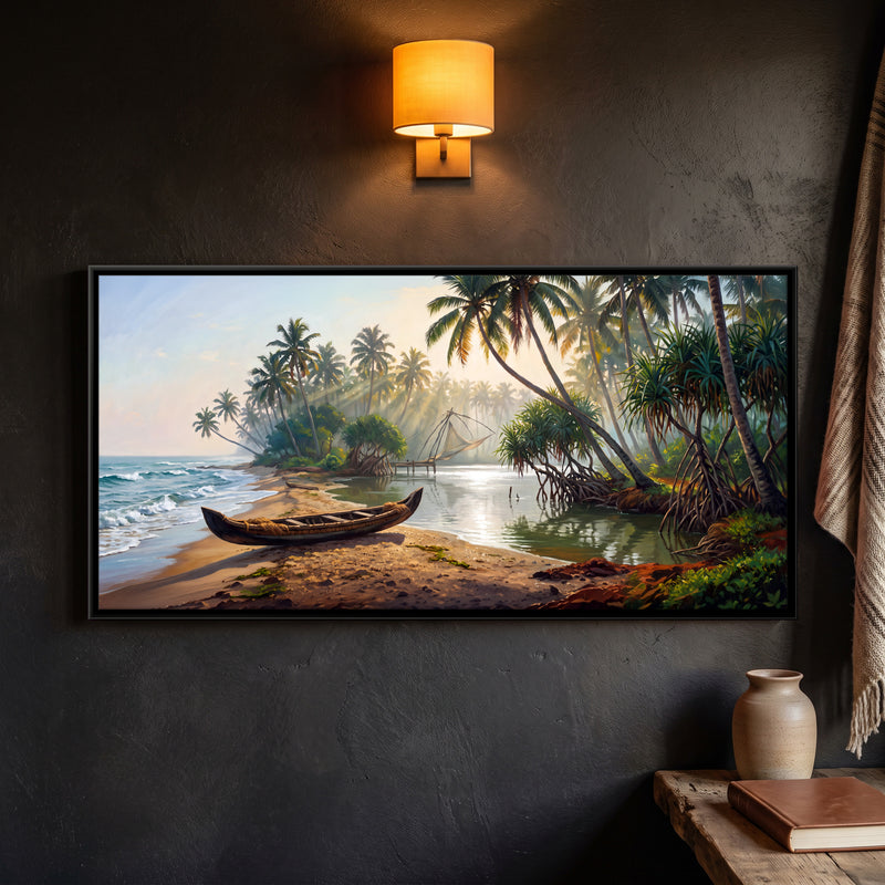 Canoe on a Palm-Fringed Backwater - framed canvas art hung on a wall
