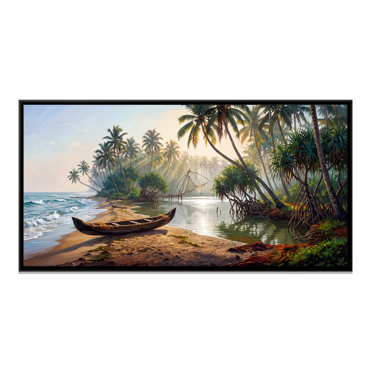 Canoe on a Palm-Fringed Backwater - framed canvas print, front view