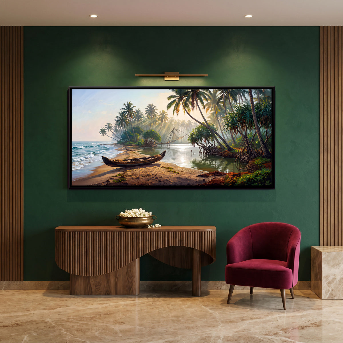 Canoe on a Palm-Fringed Backwater - canvas art shown in a styled room