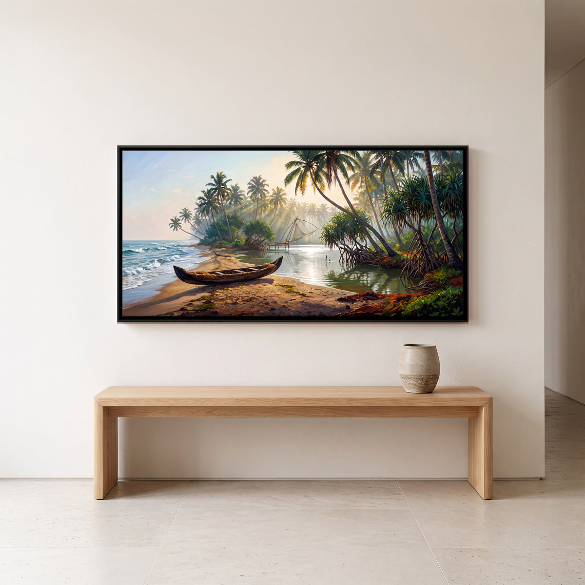 Canoe on a Palm-Fringed Backwater - canvas art shown in a second room setting