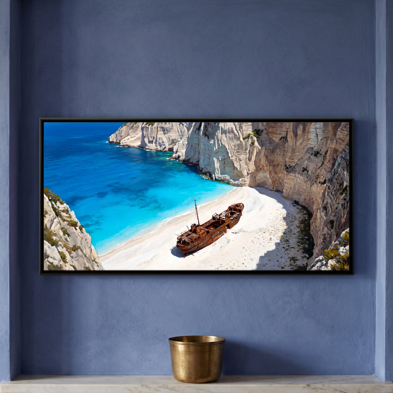 Shipwreck on a White Sand Beach - framed canvas art hung on a wall