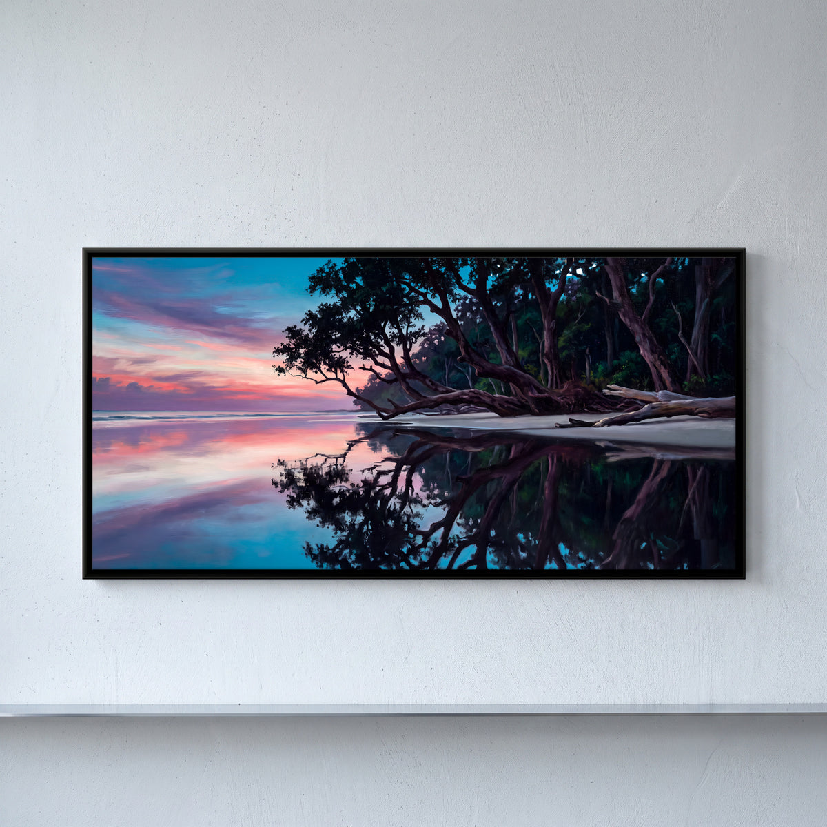 Fallen Tree Reflected at Sunset - framed canvas art hung on a wall